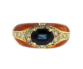 18K Gold Diamond Blue Stone Enamel Ring