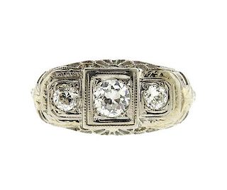 Art Deco 18K Gold Diamond Three Stone Ring