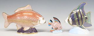 (3) ROYAL CROWN DERBY & HEREND PORCELAIN FISH PAPERWEIGHTS