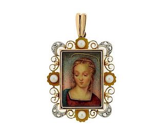 Continental Gold  Diamond Pearl Miniature Portrait Pendant