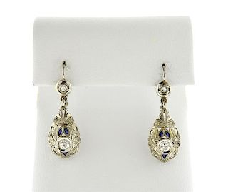 Art Deco 18K Gold Diamond Blue Stone Dangle Earrings