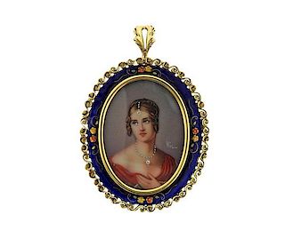 Antique Gold Enamel Miniature Portrait Brooch Pendant