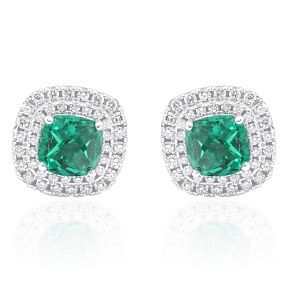 4.00 ct. Lab Grown Emerald & Diamond Cushion Halo Stud Earrings in 14k White Gold