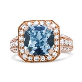 4.27 ct. Natural Aquamarine & Diamond Halo Ring In 18k Rose Gold (F-G, VS1-VS2)