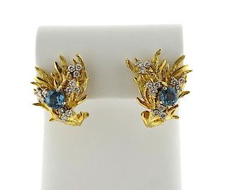1970s 18K Gold Diamond Zircon Naturalistic Earrings
