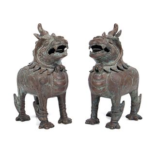PAIR CHINESE BRONZE STANDING LUDUAN CENSERS