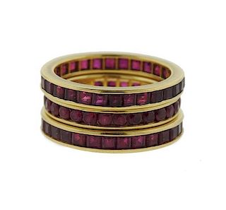 Tiffany & Co 18k Gold Ruby Band Ring Set of 3