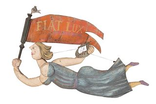 POLYCHROME FLYING ANGEL HOLDING FIAT LUX FLAG SIGN