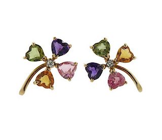14K Gold Color Stone Flower Motif Earrings