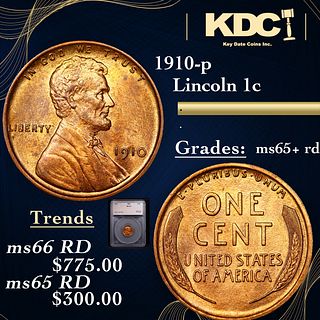1910-p Lincoln Cent 1c Graded ms65+ rd By SEGS