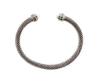 David Yurman Sterling Diamond Pearl Cable Cuff Bracelet