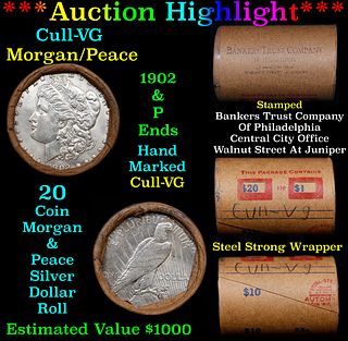 ***Auction Highlight*** 1902 Morgan & P Peace Ends Cull-VG Mixed Morgan/Peace Silver Dollar Shotgun Roll, 20 Coins (fc)