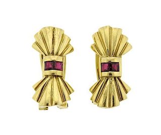 Retro 14k Gold Red Stone Bow Earrings