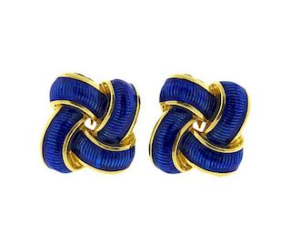18k Gold Blue Enamel Earrings
