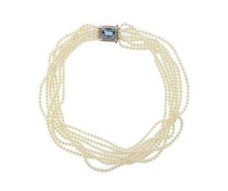 18k Gold Blue Stone Diamond Pearl Multi Strand Necklace