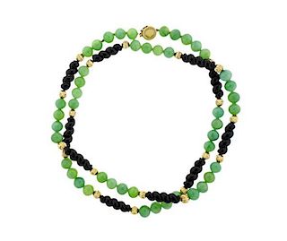 14k Gold Green Gemstone Bead Onyx Necklace