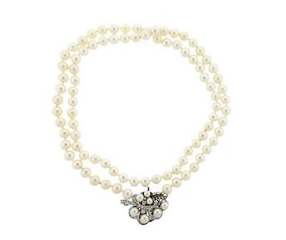 14k Gold Diamond Pearl Long Necklace