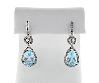 18K Gold Diamond Blue Stone Dangle Earrings