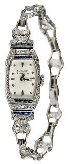 Platinum Art Deco Diamond and Blue Sapphire Watch