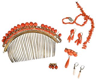 Coral Suite: Brooch, Earrings, Necklace, Spanish Hair Comb