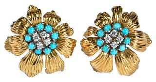 18kt. Floral Turquoise and Diamond Clip-on Earrings 