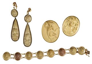 Victorian Carved Lava Cameo Suite: Bracelet, Earrings, Pendant, and Brooch