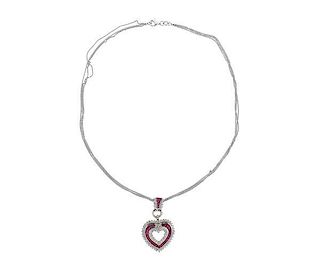 14K Gold Diamond Red Stone Heart Pendant Necklace