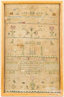 English silk on linen sampler, dated 1706