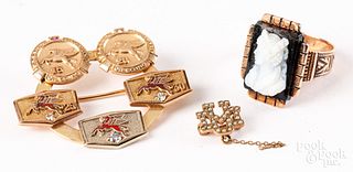 10K gold cameo ring, pin, & diamond studded brooch