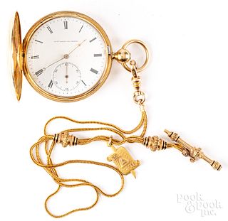 Frederic Perret 14K gold pocket watch with 18K fob