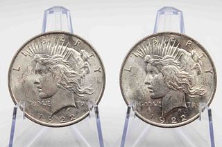 Two 1922 American Silver Circulated Peace Dollars