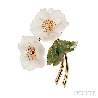 18kt Gold, Rock Crystal, and Nephrite Flower Brooch