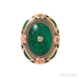 Art Deco 14kt Gold, Chalcedony, and Enamel Ring