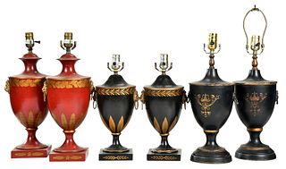 Three Pairs of Gilt Decorated Urn Form Lamps