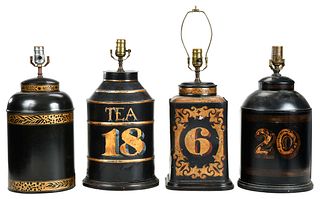 Four Gilt Decorated Tole Tea Canister Form Lamps
