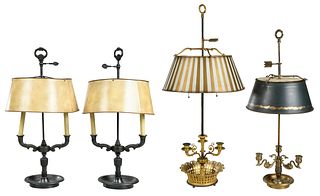 Four Adjustable Bronze and Tole Bouillotte Lamps