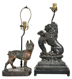 Two Cast Iron Figural Doorstops as Lamps
