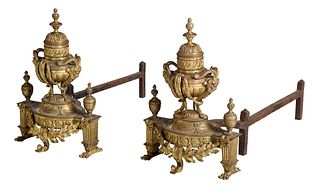 Pair of Louis XVI Style Gilt Bronze Urn Form Andirons