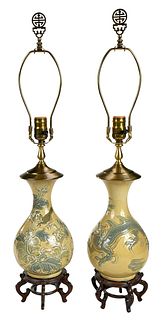 Pair of Lladro Yellow Glazed Porcelain Lamps