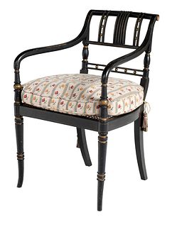 Sheraton Ebonized and Parcel Gilt Caned Open Armchair