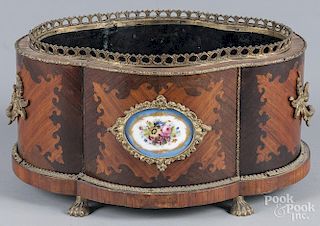 Mahogany veneer planter, late 19th c., with brass and porcelain mounts, 8'' h., 15'' w., 11 1/2'' d.