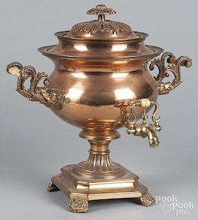 Brass and copper hot water urn, 16 1/2'' h.