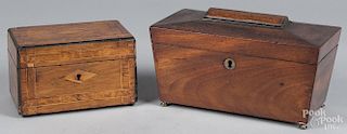 Regency mahogany tea caddy, ca. 1820, together with a smaller caddy 5 1/4'' h., 9 3/4'' w. and 4'' h.,