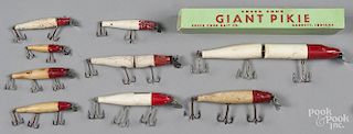 Nine Creek Chub wood Pikie fishing lures, all red head with a white body, largest - 12'', with partia