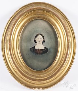Watercolor bust-length portrait of a woman, 19th c., 7'' x 5 1/4''.