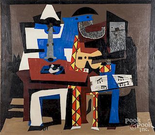 Oil on canvas copy of Picasso's Three Musicians, 42'' x 48''.