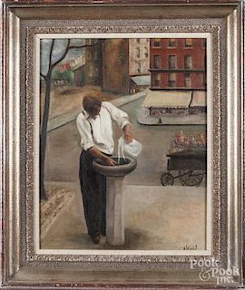 Annette Woolf (American mid 20th c.), oil on canvas titled At the Fountain, signed lower right, 20