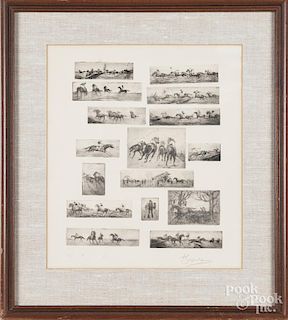 Set of horse racing engravings, signed P. Sepulchre, 15''x 13''.