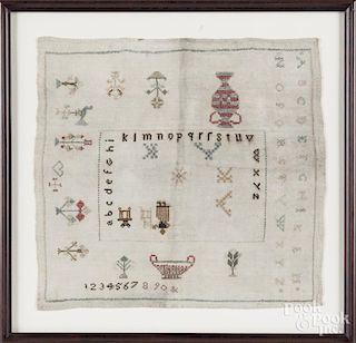 Silk on linen sampler, 19th c., probably Dutch, 12 1/4'' x 13''.