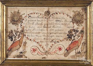Pennsylvania ink and watercolor fraktur birth certificate for Anna Barbara Humels, b. 1805, 7 1/2'' x